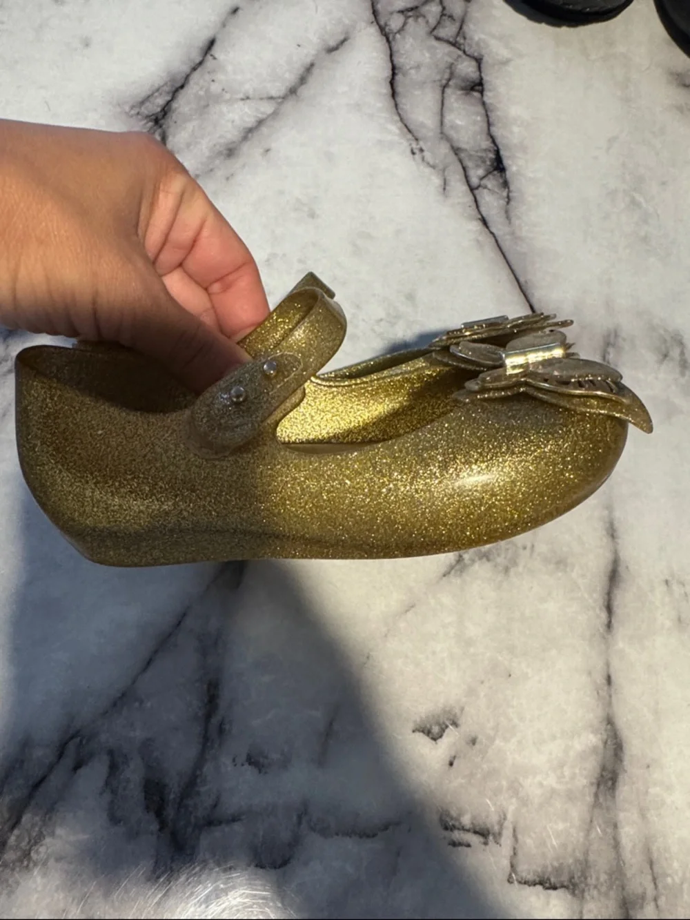 Mini Melissa Girls' Gold Glitter Butterfly Mary Jane Flats